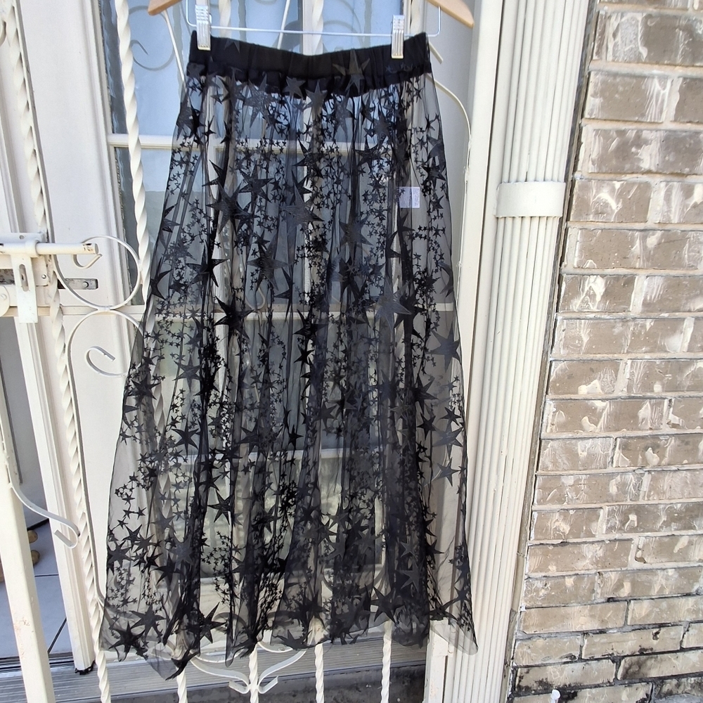 Romwe Black Mesh Sheer Embroidered Stars Maxi Cover-up Skirt Women Size Medium - Picture 2 of 16